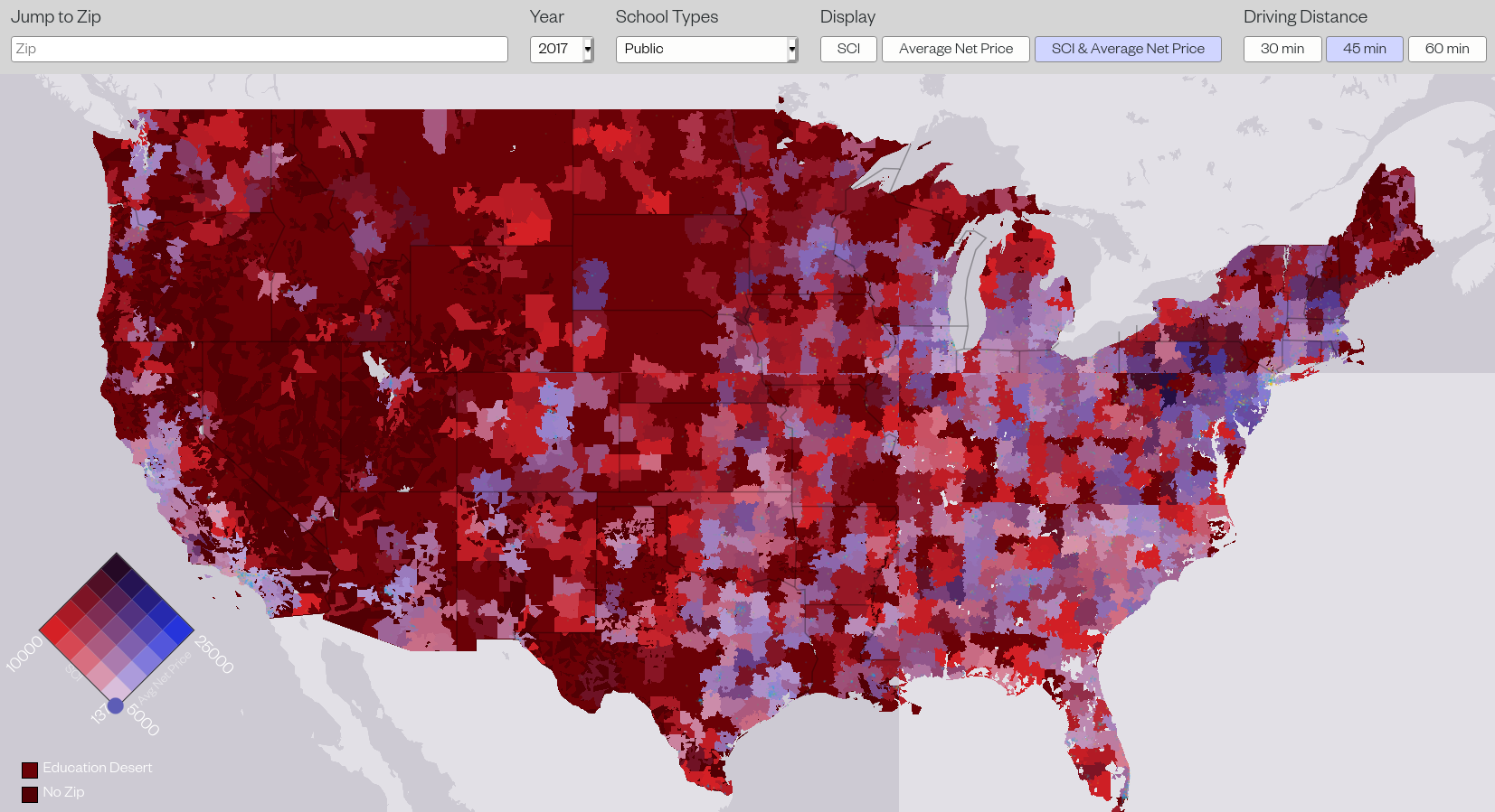 A map showing higher ed concentration in the United States.