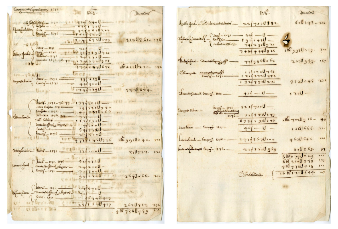An internal memorandum from 1575 listing consignatories to asientos. Note the mention of two members of the powerful Genoese Spinola banking clan: Agustin and Lorenzo. Courtesy of the Hispanic Museum of America.