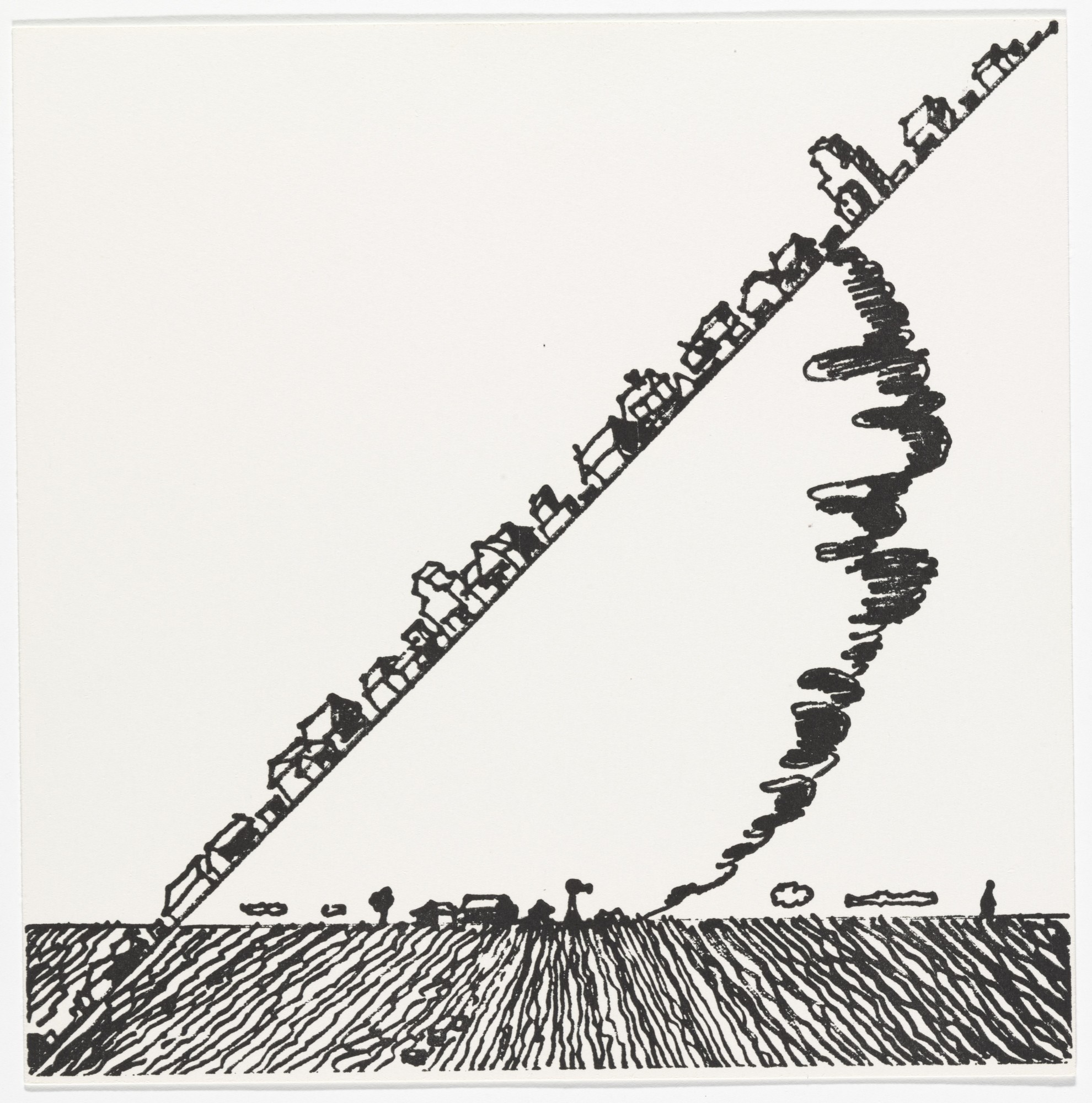 Illustration by Joe Zucker called Relocation of Property by Natural Forces, shows a row of houses climbing toward the sky held up by smoke.